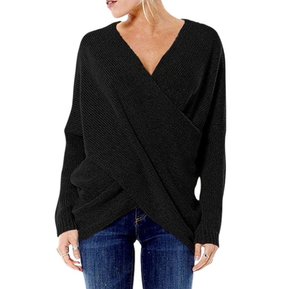 NEW YOINS Black Crossover V-Neck Long Sleeve Knit Sweater Size Small